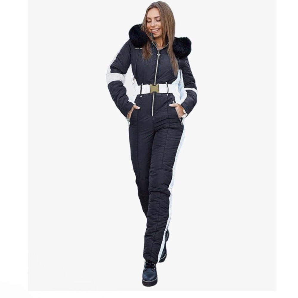 Women's Winter Black and White Snow Jumpsuit Onesie Removable Faux Fur Collar XL
